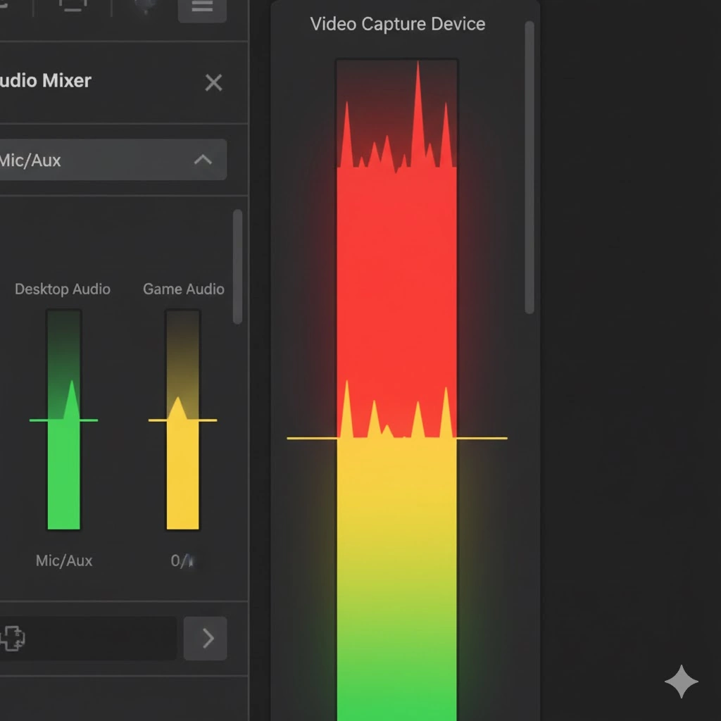 OBSの音声ミキサーで、キャプチャーボードの音量メーターがレッドゾーンに振り切れて音割れ（クリッピング）している状態を示すグラフィック。