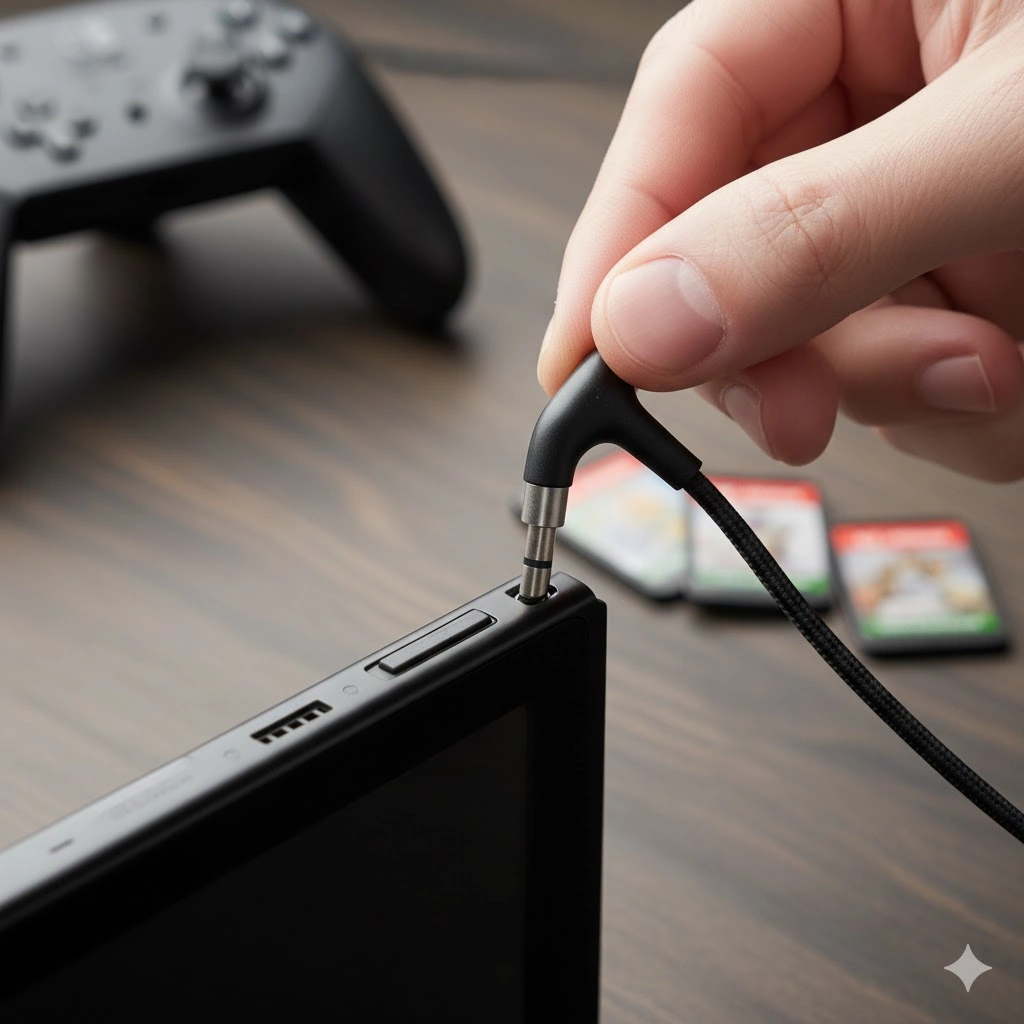 Nintendo Switch本体のイヤホンジャックに、ヘッドホンプラグが接続されている様子を示すクローズアップ画像。