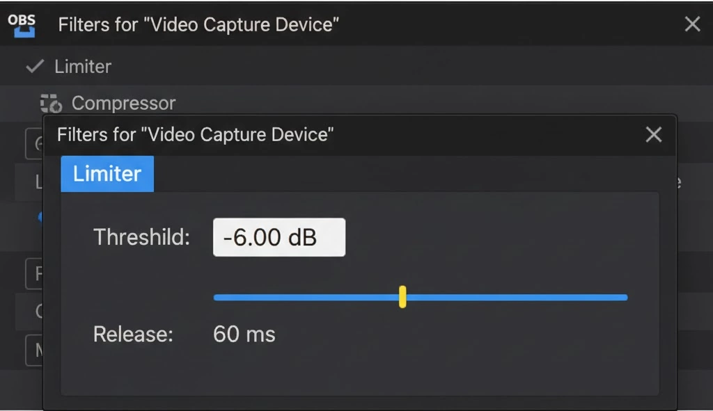 OBSの音声フィルタ設定で、「リミッター」フィルタを追加し、「しきい値」を-6dBに設定している状態を示すグラフィック。