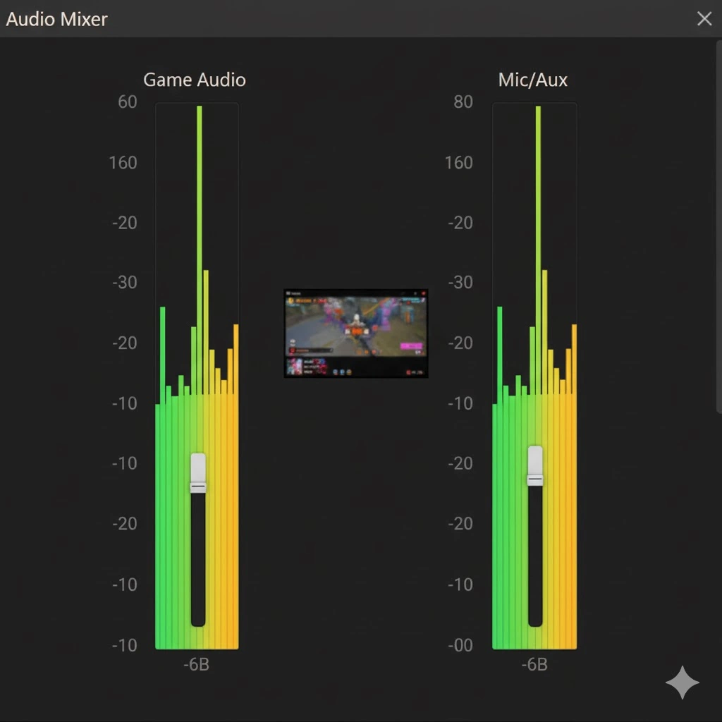 OBSの音声ミキサーで、ゲーム音とマイク音の2つのメーターが、どちらもイエローゾーン内に収まり、適切にバランスが取れている状態を示すグラフィック。