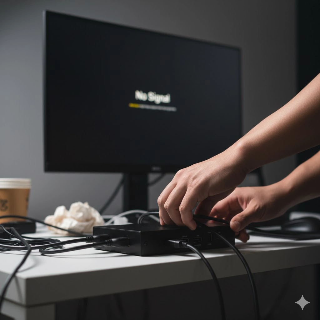 キャプチャーボードにHDMIケーブルをしっかりと差し込んでいる手のクローズアップ。背後のモニターには信号なしの表示。