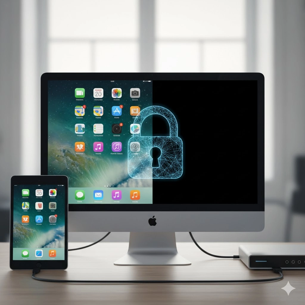 HDCP（著作権保護）の概念図。PC画面の半分はiPadのホーム画面が映り、もう半分はアプリが真っ暗になり南京錠のアイコンが表示されている。