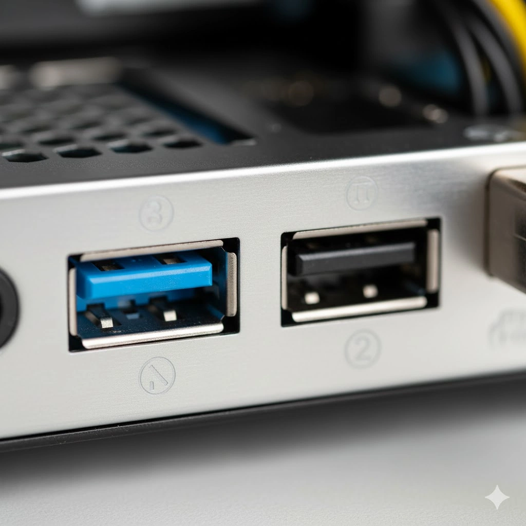 PCのUSBポートのクローズアップ。内側が青いUSB 3.0ポートと、内側が黒いUSB 2.0ポートの違いを比較。