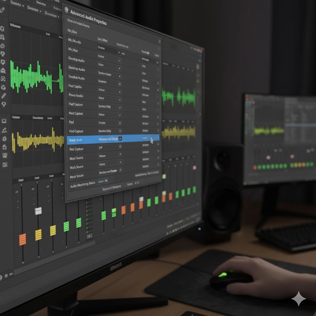 OBSのような配信ソフトの音声ミキサー設定（オーディオの詳細プロパティ）を調整している様子。