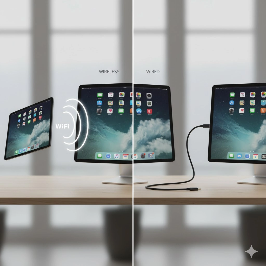 キャプチャーボードなしでiPadをPCに映す代替案。Wi-Fiを使った無線ミラーリングと、ケーブルを使った有線接続のイメージ図。