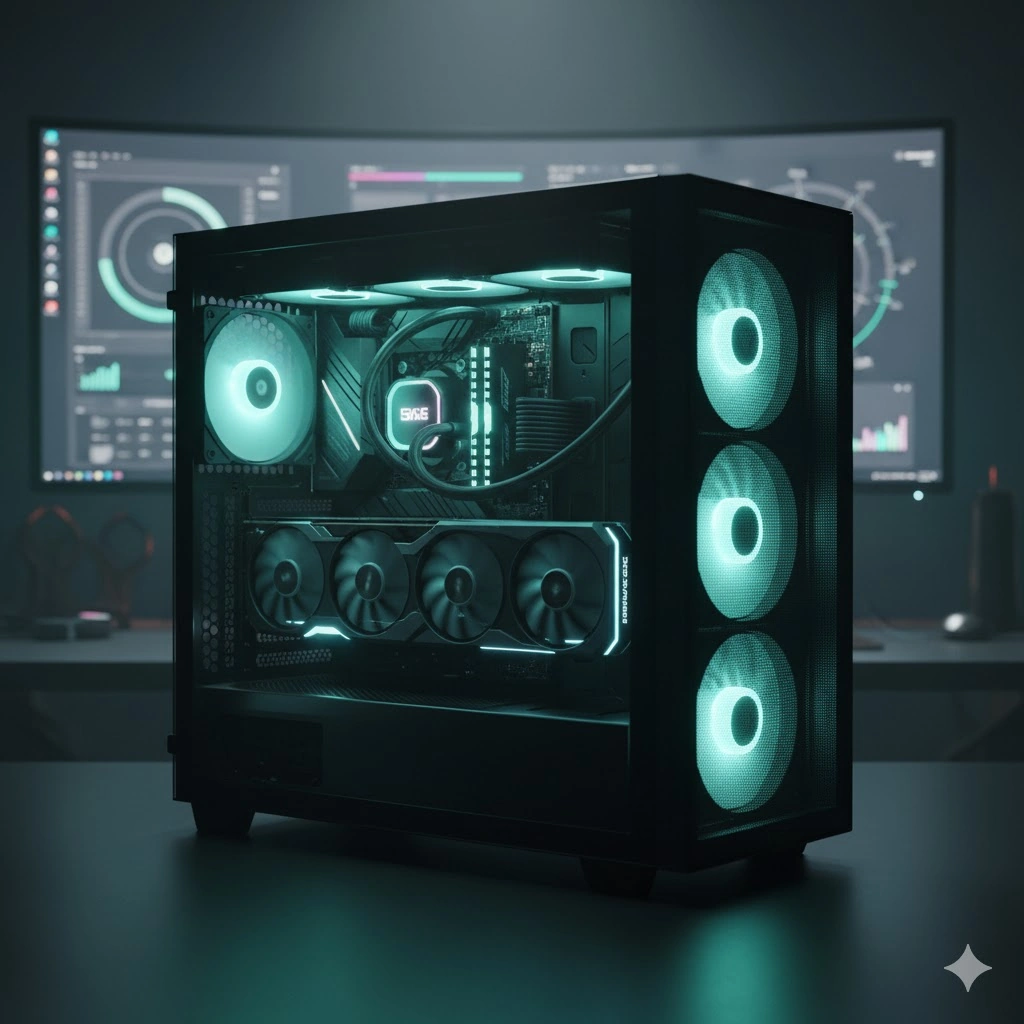 フロントがメッシュデザインで、内部にRGBファンが輝くモダンなPCケース。内部には大きな冷却ファンと高性能グラフィックボードが搭載されており、エアフローが重視されている様子が伝わる。5インチベイは存在しない。