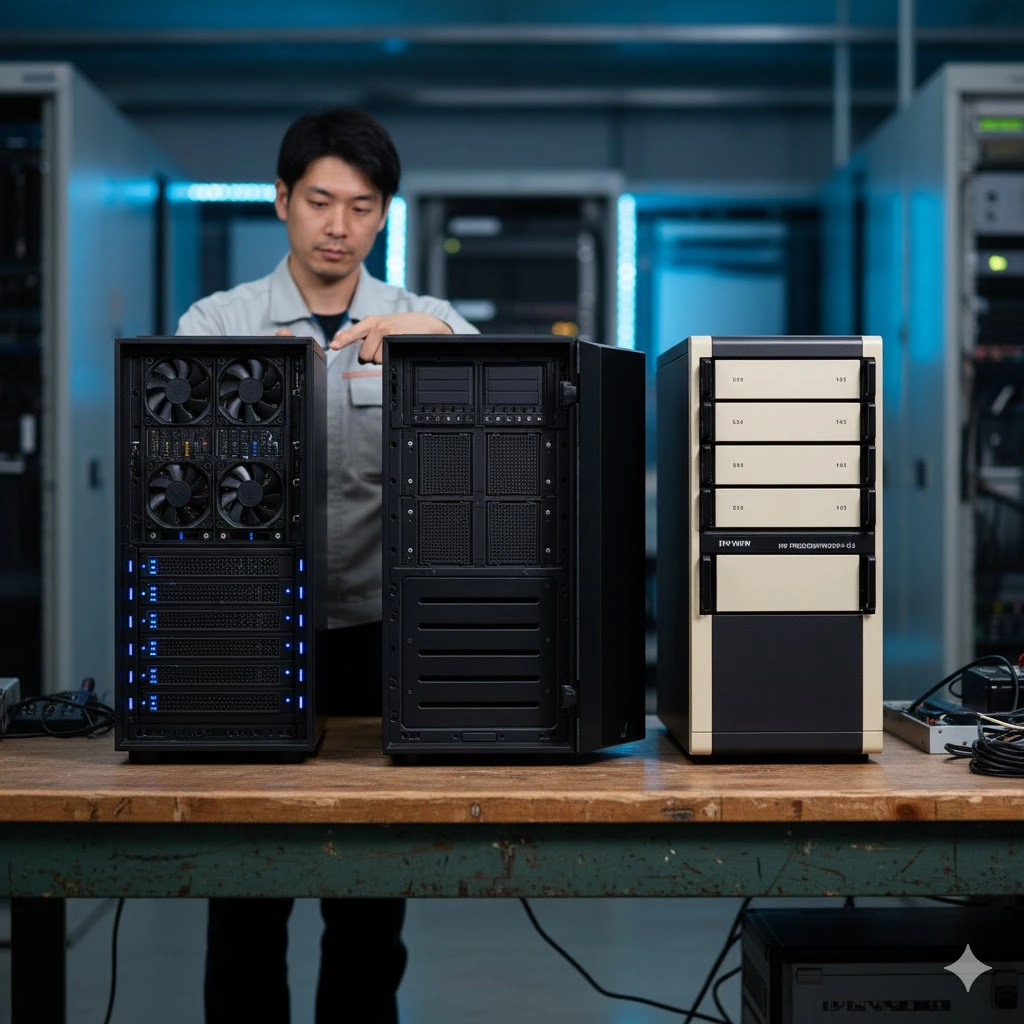 多数の5インチベイを搭載した3種類の大型PCケースが木製の作業台に並べられ、その奥で日本人男性の技術者がケースを点検している。左のケースは多くのファンとLEDインジケーターがあり、中央はクラシックな黒いデザイン、右はレトロなデザインでフロントに多くのベイが露出している。これらはストレージやサーバー用途に適したモデルであることを示唆している。