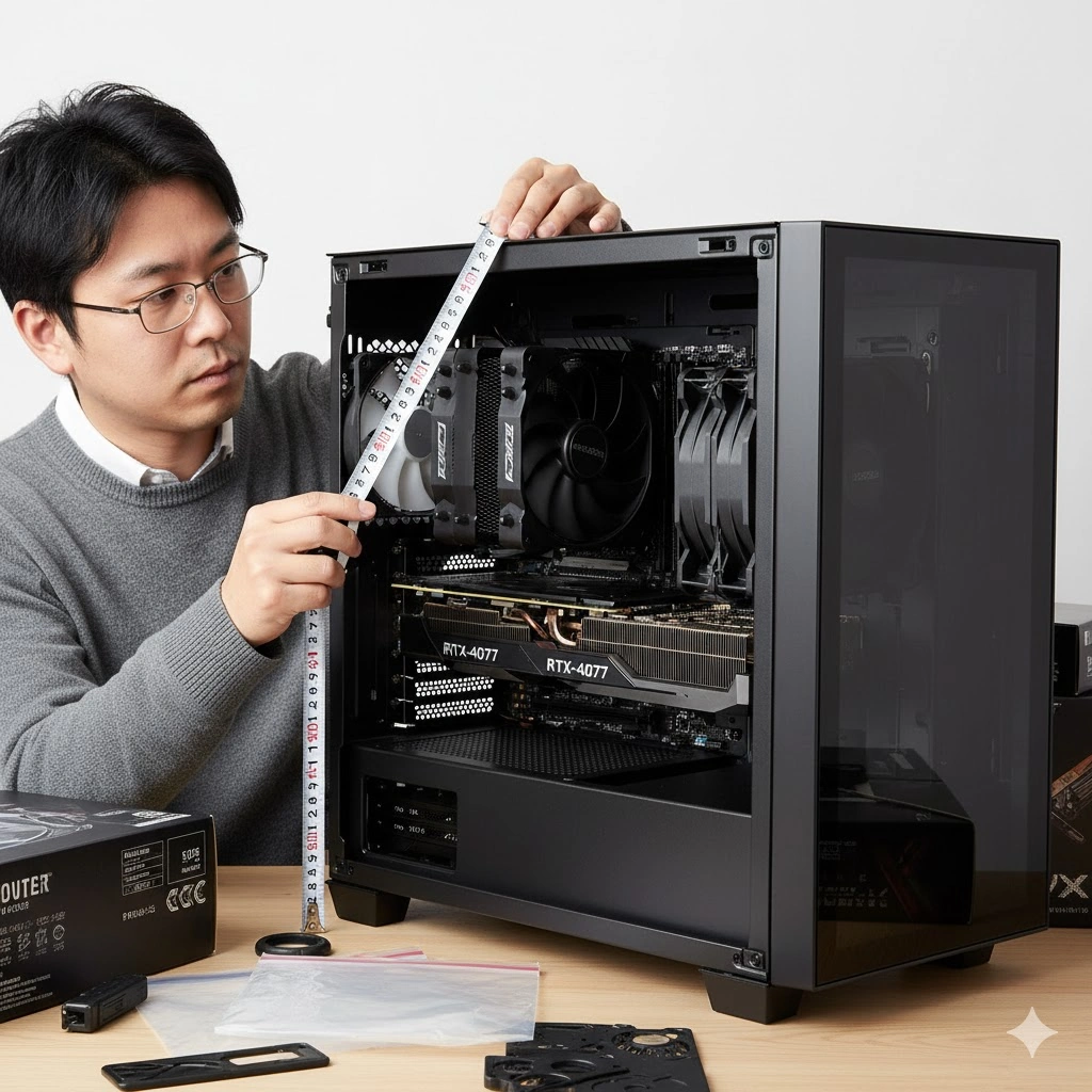 自作PCの組み立て中に、日本人男性がPCケース内部のグラフィックボードとCPUクーラーの有効スペースをメジャーで慎重に測っている。ケースは5インチベイを搭載しており、最新の高性能パーツとの物理的な干渉がないかを確認している様子。デスク上にはPCパーツの箱や工具が散らばっている。