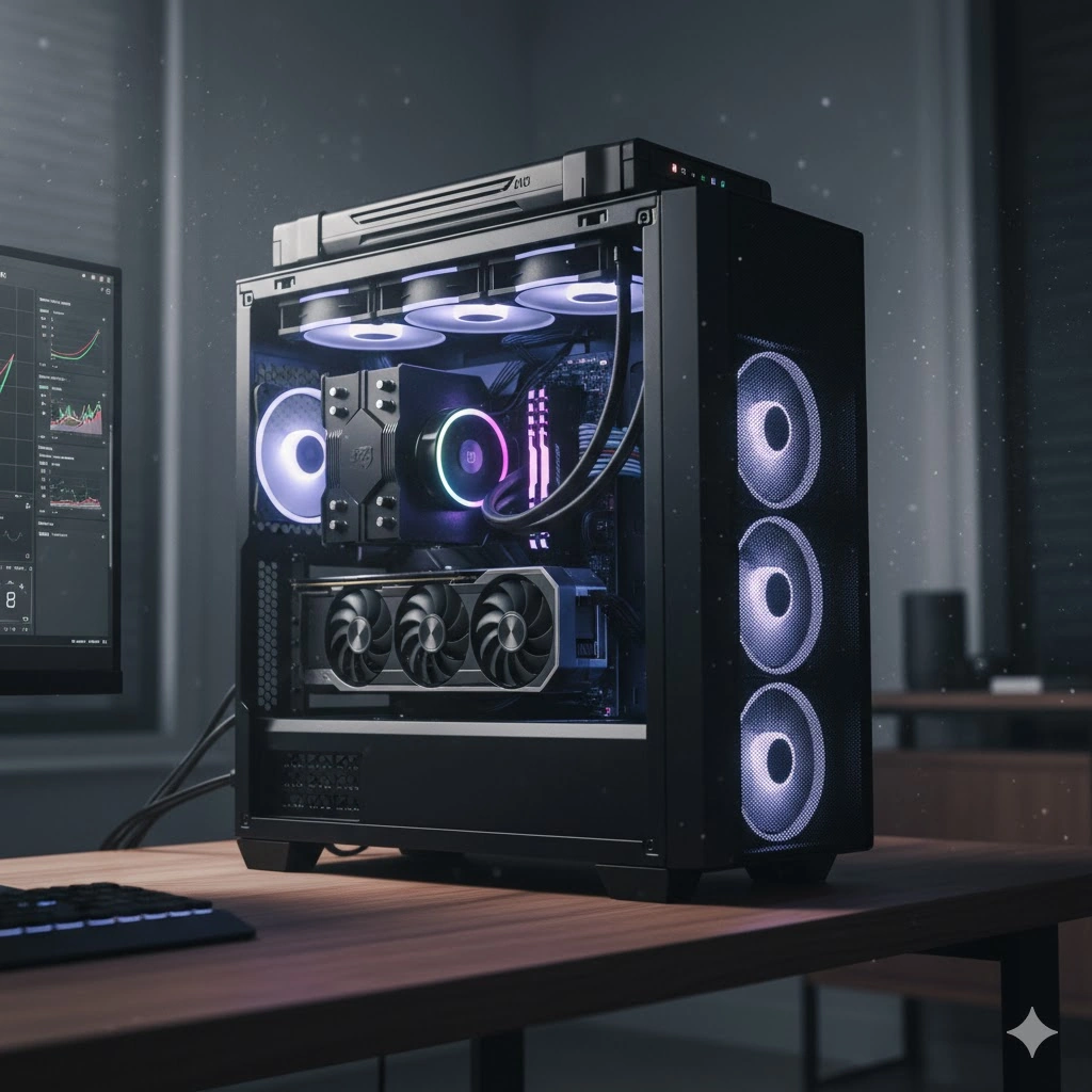 デスク上に置かれた、サイドパネルが開いて内部が見える状態の高性能ゲーミングPCケース。内部にはRGBライティングが施されたCPUクーラー、グラフィックボード、ファンが確認でき、冷却性能の高さをアピールしている。