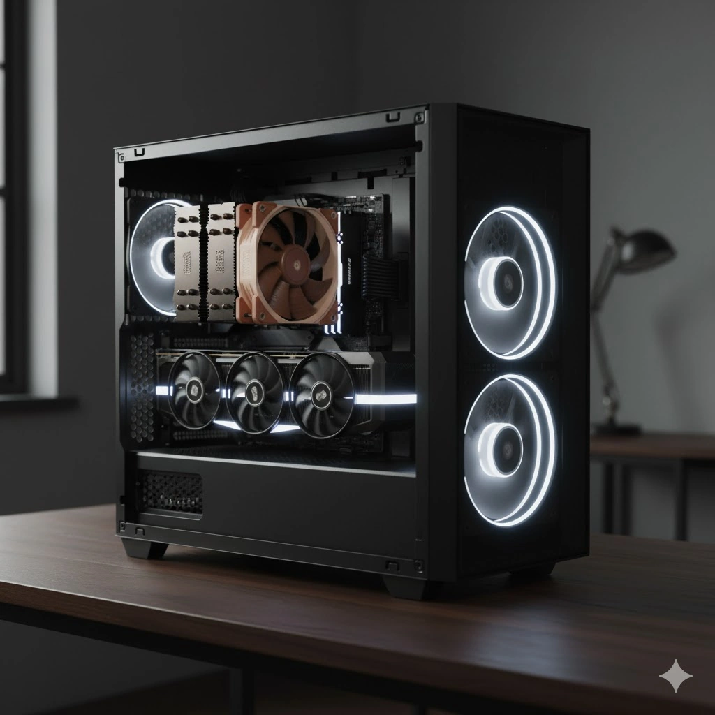 大型デュアルタワー型空冷CPUクーラーを搭載したPCケースの内部。白色LEDで光る複数のケースファンが取り付けられており、効率的な空冷構成を強調している。グラフィックボードも搭載され、高性能なシステムが構築されている。
