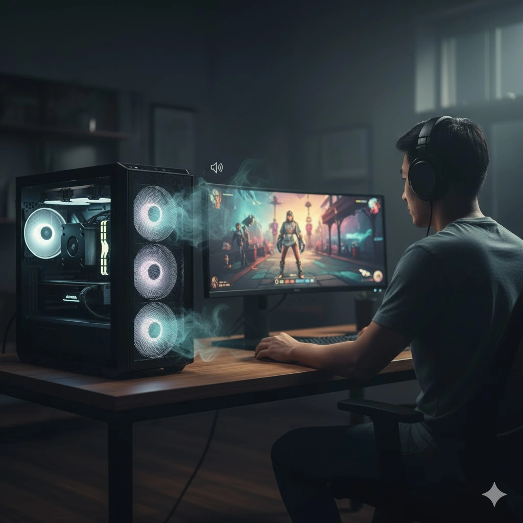 デスク脇に置かれた高エアフロー設計のPCケースと、ヘッドホンを装着してデスク上のモニターを見ながらPCを操作する日本人男性。静かな雰囲気が感じられ、静音性と冷却性能の両立を示唆している。