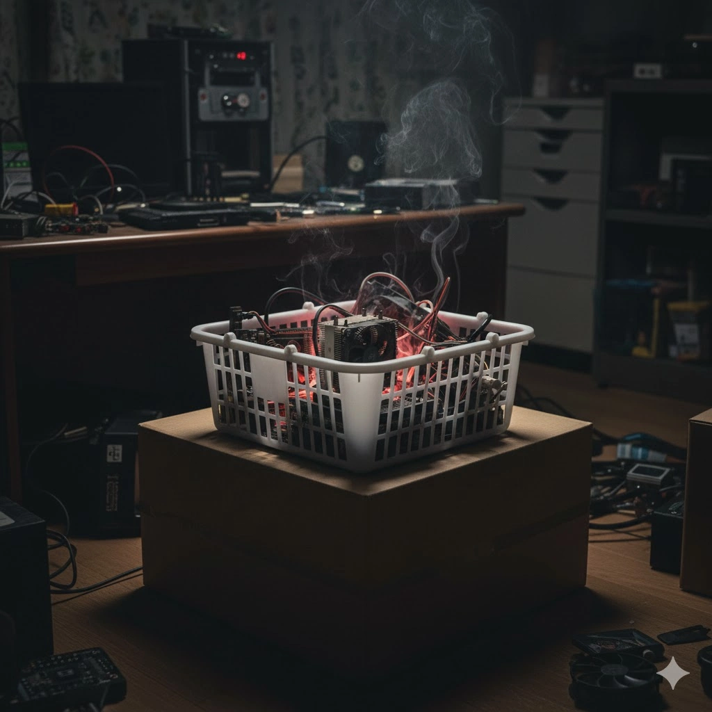 部屋の中で、プラスチック製のカゴに入れたPCパーツがわずかに煙を上げている。発火の危険性を示唆する不穏な雰囲気の画像。