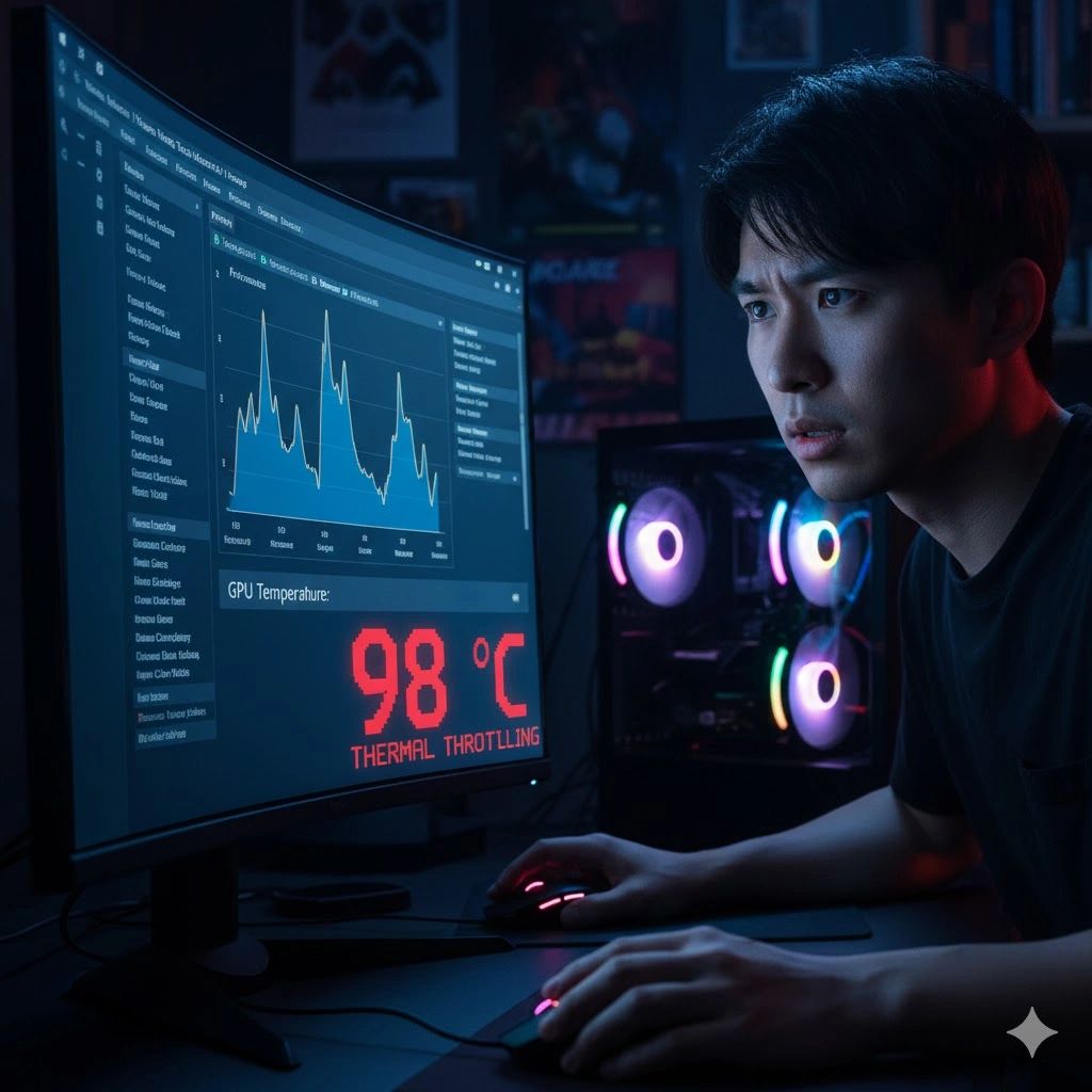 モニターに表示された赤い文字の「98℃ THERMAL THROTTLING」を見て、焦った表情の男性ゲーマー