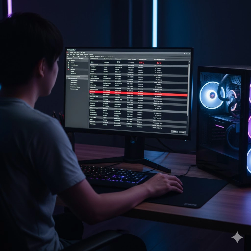 デスクトップPCのモニターでHWMonitorソフトウェアを使い、PCパーツの温度をチェックする男性