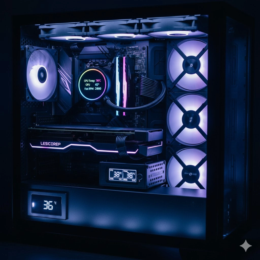 デスクトップPCのクリアなサイドパネルから、内部に設置された複数のデジタル温度計と光るファンが見える様子