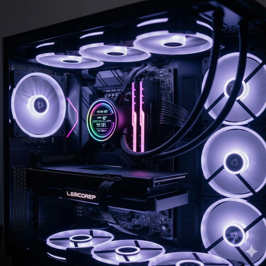 稼働中のPCケース内部で、中央のCPUクーラーにデジタル温度表示（45℃）が鮮やかに光る様子。複数の冷却ファンが紫色のLEDで輝いている。