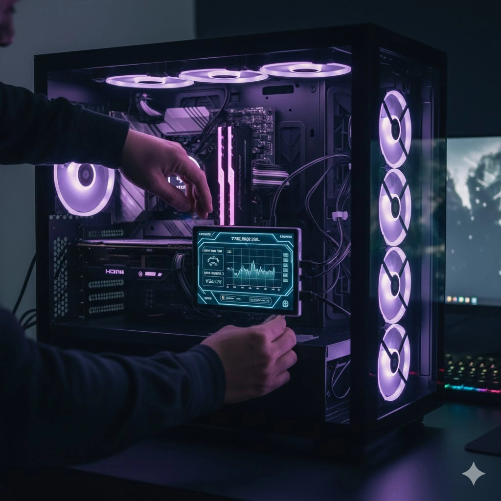 日本人男性がPCケース内部に小型LCDディスプレイを設置し、配線している様子