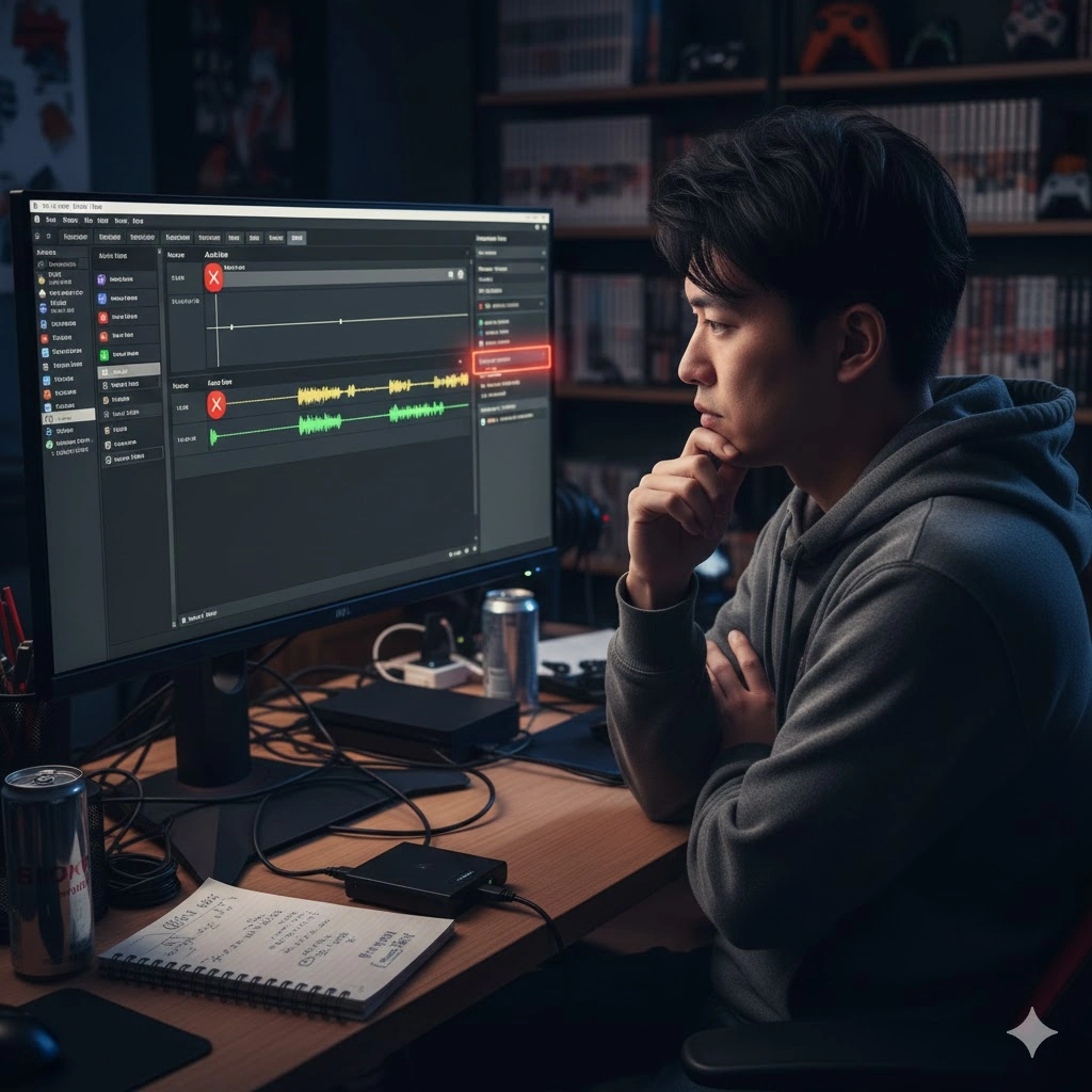 OBSの設定画面が大きく表示されたPCモニターを前に、腕を組み考え込んでいる日本人男性。モニターにはオーディオミキサーの画面が見え、特定の音声ラインに問題があるような表示がある。