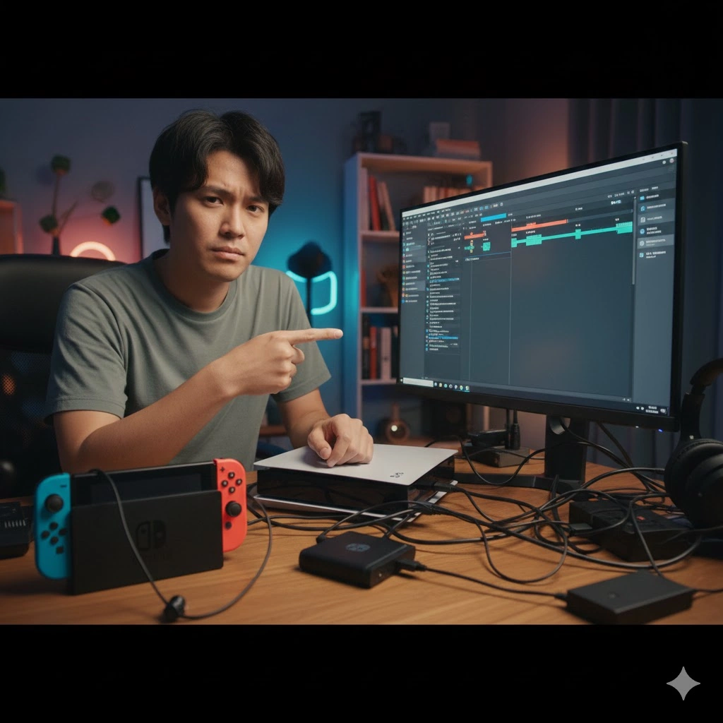 複数のゲーム機（Switch、PS5など）とキャプチャーボード、PCが複雑に接続されているデスク。それらの機器を指差しながら、困った表情で説明している日本人男性。