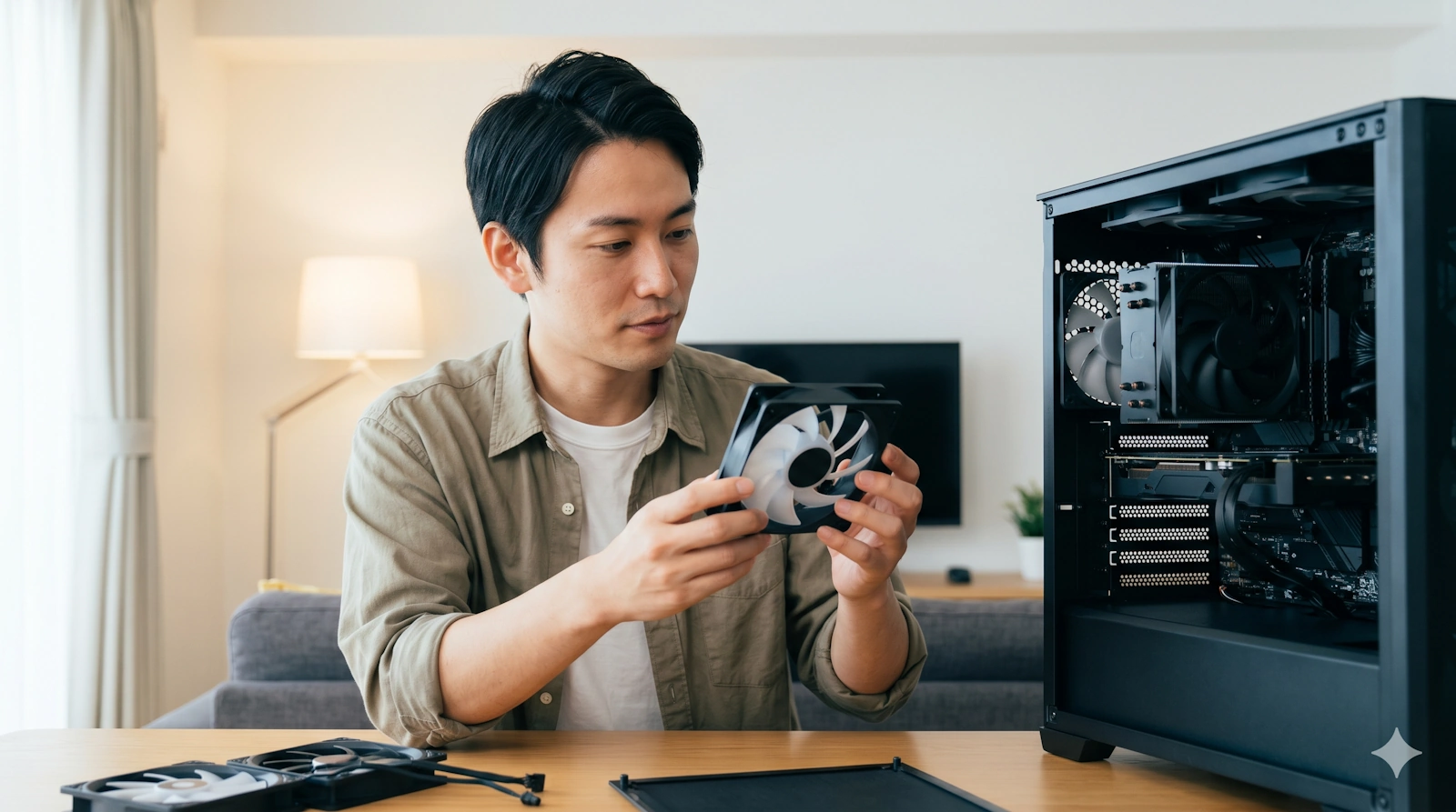 PCユーザーがパソコンケースファンを持ち、品質を確認している様子