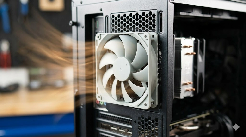 PCケースのフロントメッシュパネルの裏に、高い静圧性能を持つ3基の吸気ファンが並んで風を取り込んでいる様子