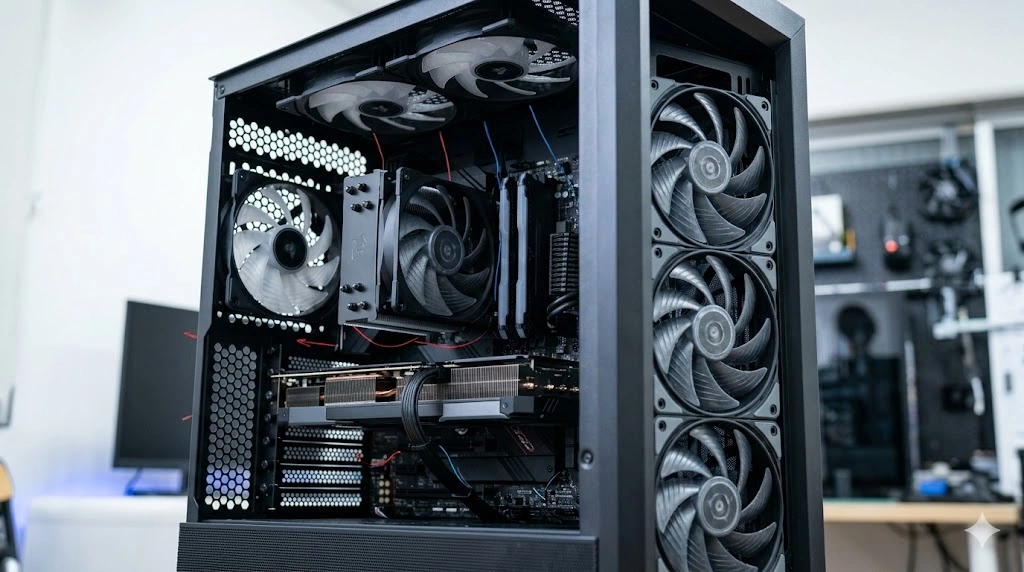 PCケースの背面メッシュパネルに、高い風量性能を持つ排気ファンが風を外へ押し出している様子