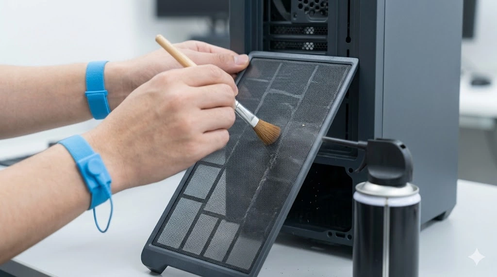 PCケース前面のダストフィルターを外し、溜まったホコリをブラシとエアダスターで掃除している様子
