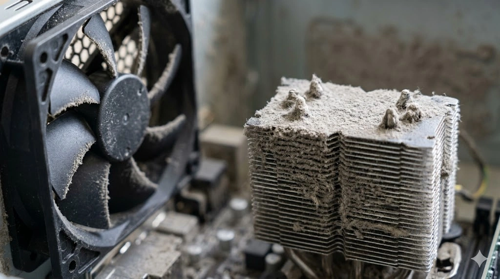 PCケース内がホコリまみれになっている。排気ファンのみの構成により、フィルターのない隙間からホコリが侵入した様子。