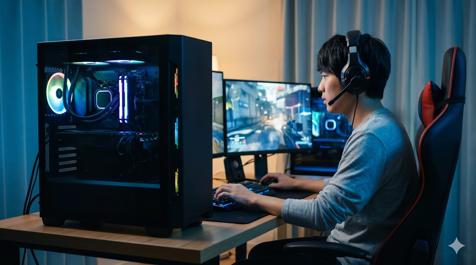 最新のゲームを快適にプレイする日本人の若者と、LEDライトが輝く高性能なデスクトップゲーミングPC