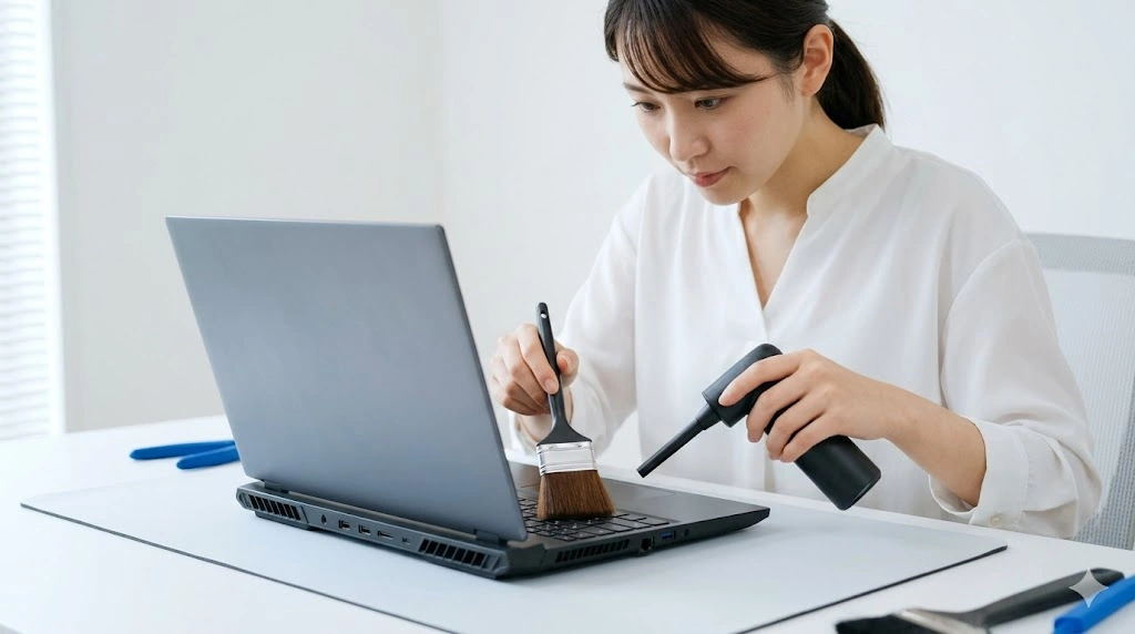 ゲーミングノートパソコンの排気口付近を、エアダスターとブラシで慎重に掃除する日本人の女性
