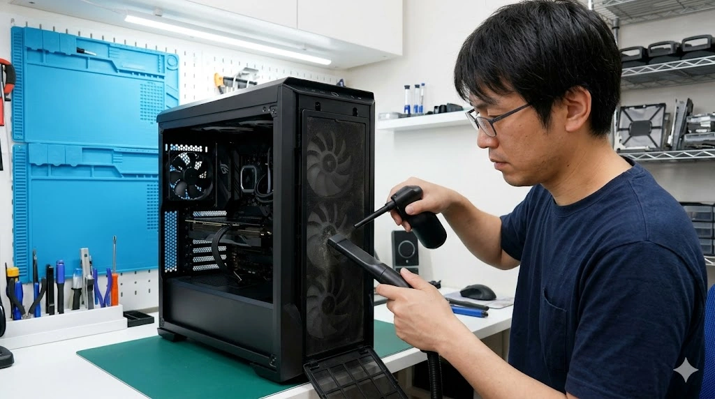 ゲーミングPCのダストフィルターを、エアダスターと専用掃除機で丁寧に清掃する日本人の男性