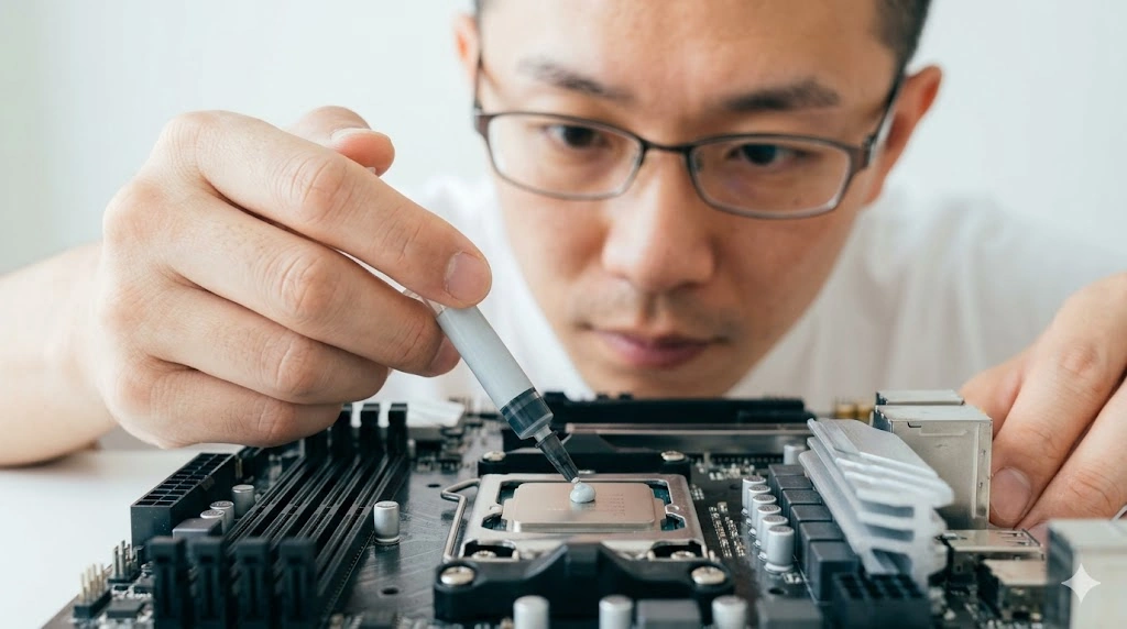 マザーボードに取り付けられたCPUへ、熱伝導グリスを慎重に塗布する日本人のPC専門家