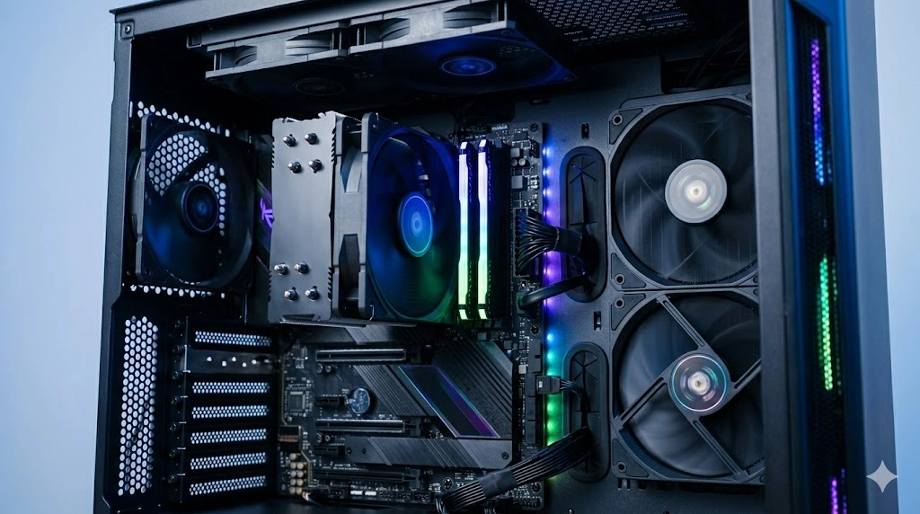 効率的なエアフローを実現する大型ファンを搭載した、デスクトップゲーミングPCの広々とした内部構造