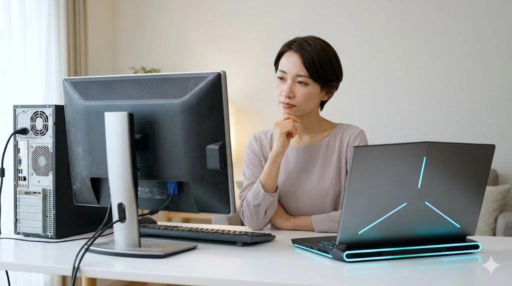 古いデスクトップPCと新しいゲーミングノートパソコンを前に、アップグレードか買い替えかを悩む日本人の女性