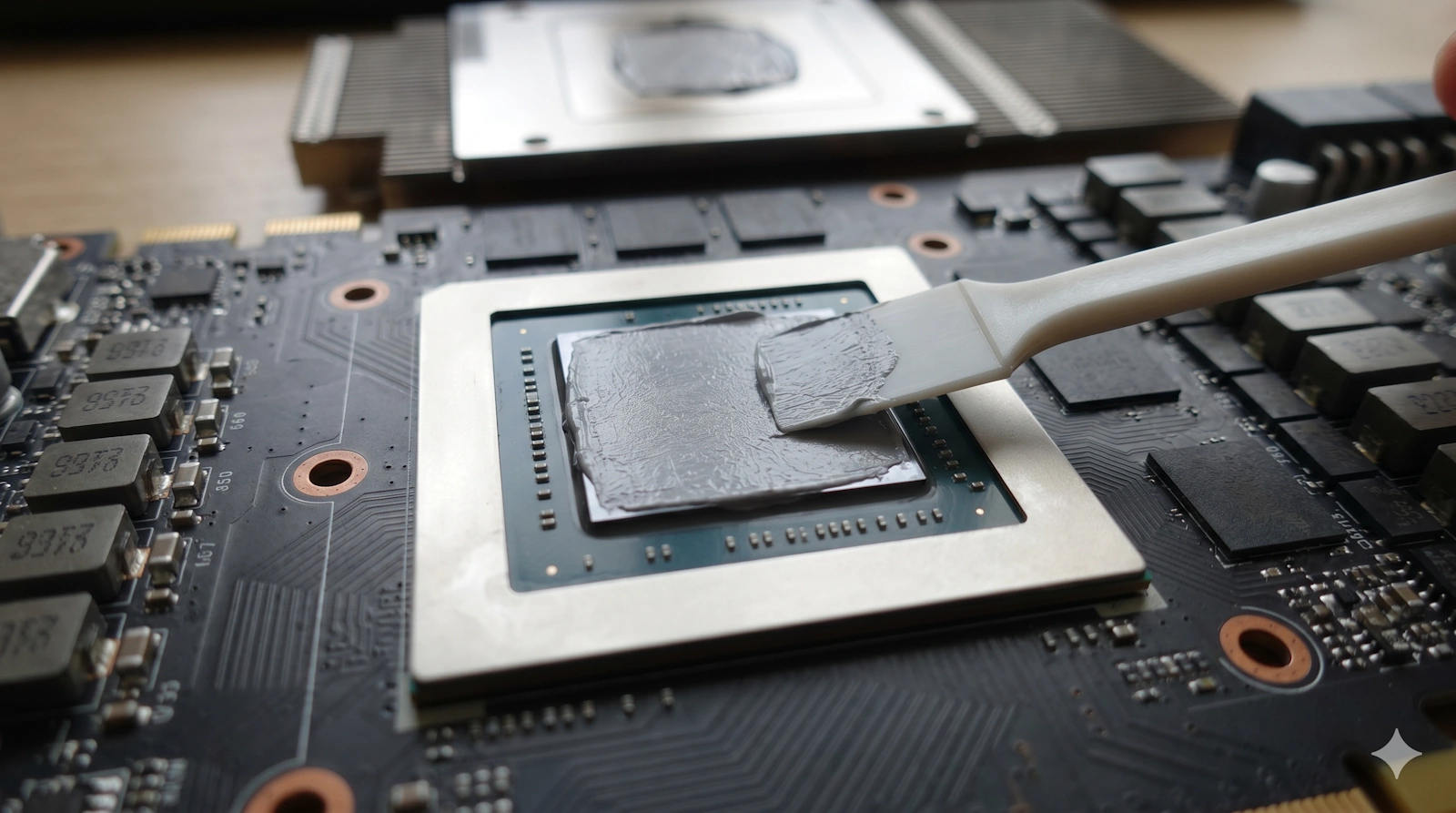 ヘラを使ってGPUのシリコンダイ表面にサーマルグリスを均一に薄く塗布している様子。