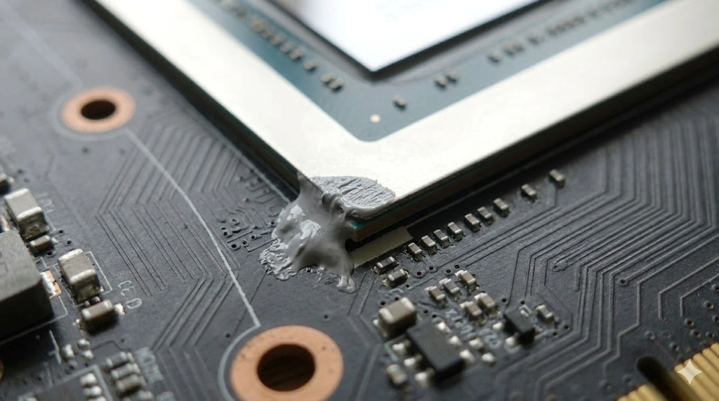 マウント圧によってGPUダイの端から周囲の基板にはみ出した過剰なサーマルグリスの拡大写真。