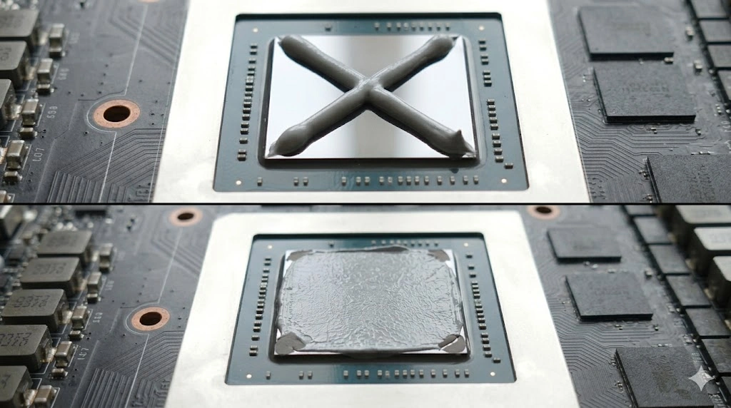 GPUダイにクロス状に塗布したグリスが、圧着後に四隅まで広がりきらず乾燥した隙間が残っている様子を示す比較写真。