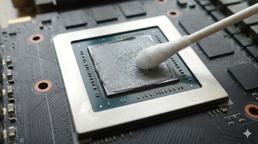アルコールを染み込ませた精密綿棒で、GPUダイ表面から乾燥した古いグリスを優しく拭き取っている様子。