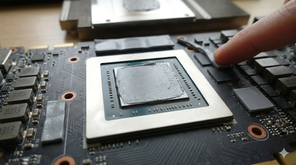 グラフィックボードのVRAMチップや電源回路に、適切な厚さのシリコン製サーマルパッドを慎重に装着している様子。