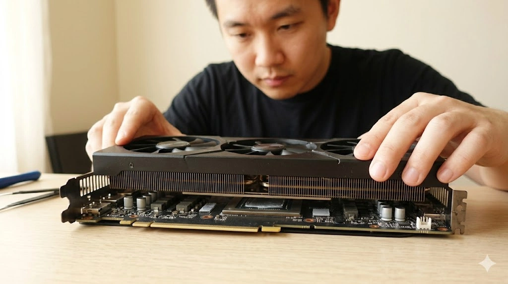 適切にメンテナンスされたグラフィックボードに、ヒートシンクとファンユニットを再装着している様子。