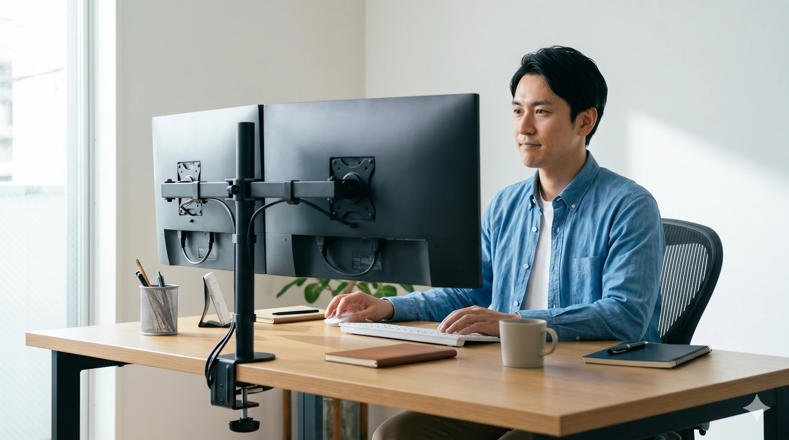 デスクでモニターアームを見つめ、補強プレートの必要性を考える日本人男性の様子