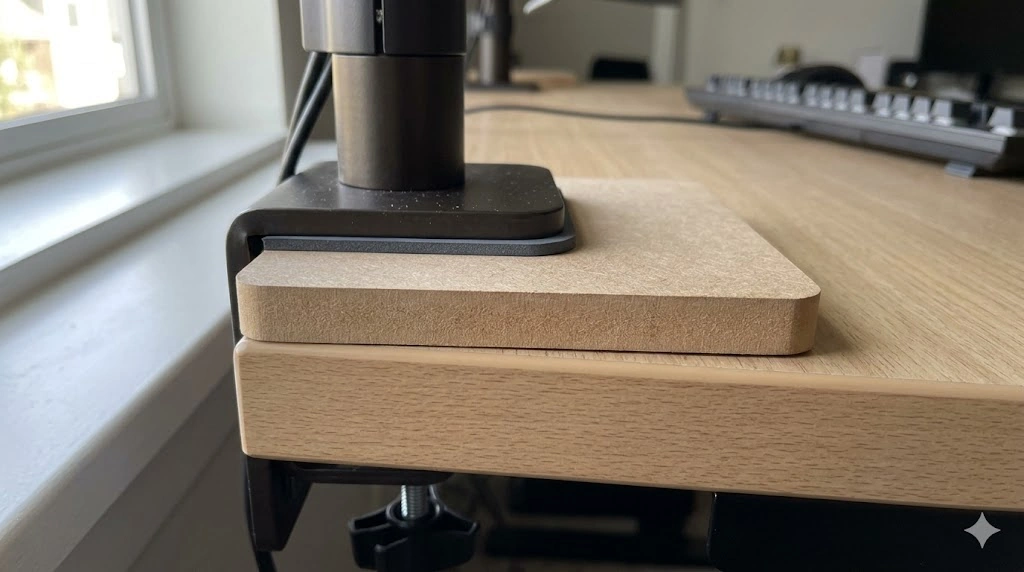 モニターアームのクランプ下に自作のMDF材プレートを挟んで補強した様子