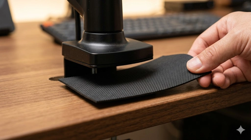 ニターアームのクランプと天板の間に滑り止めのゴム板を挟む作業の様子