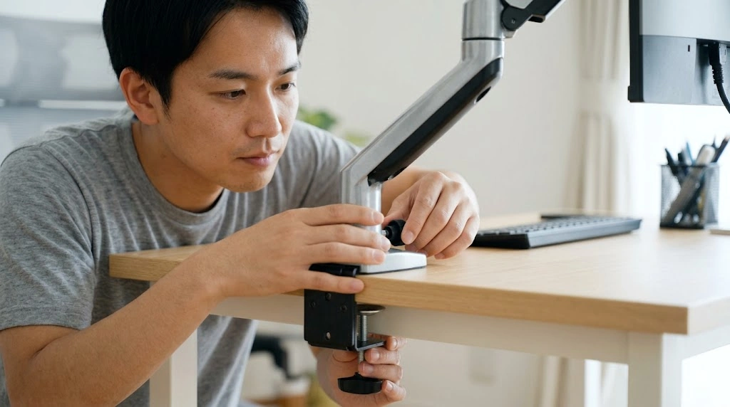 クランプ式モニターアームを、力を入れすぎずにデスクへ固定する人物の様子