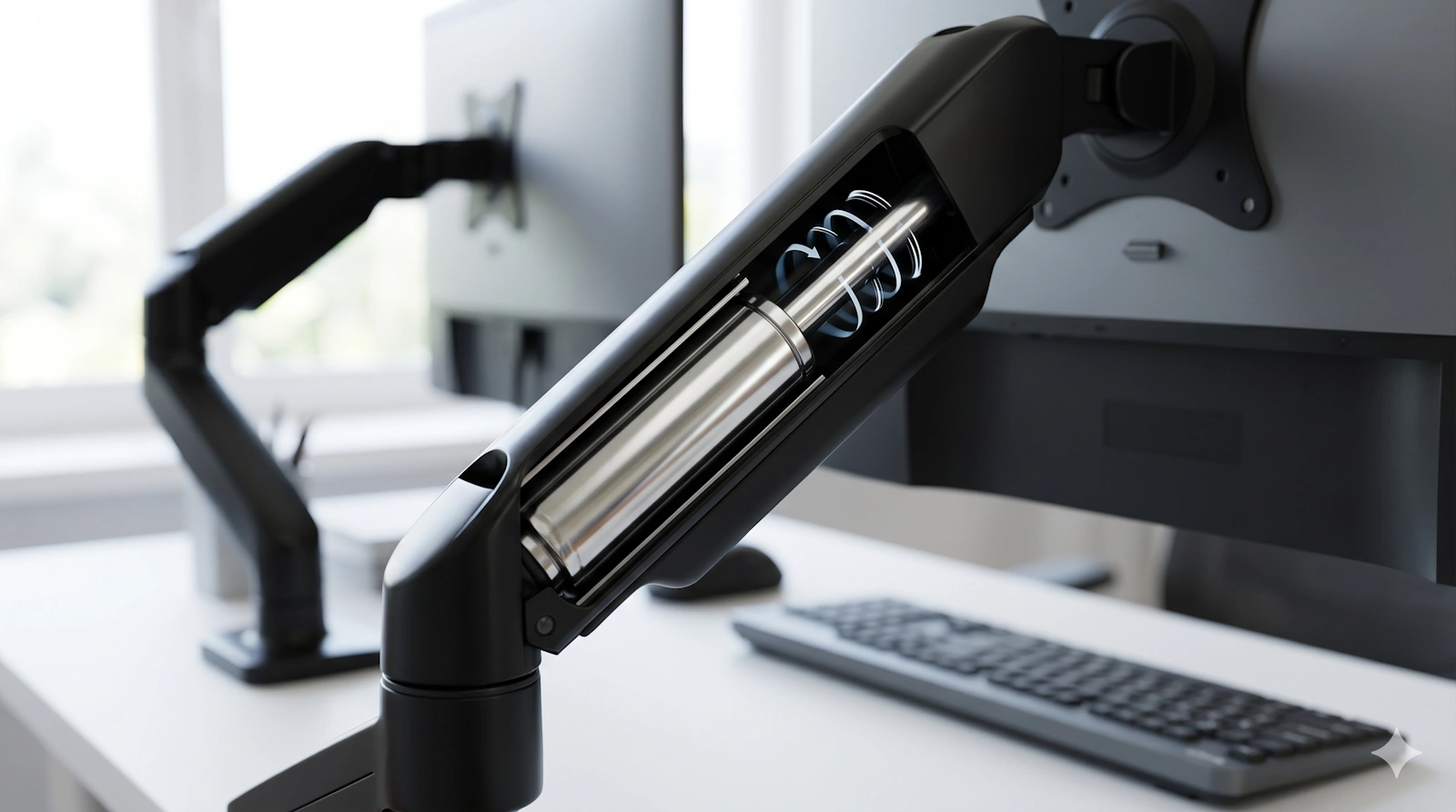 ガススプリング式モニターアームの内部構造のカットモデル。金属シリンダーとピストンロッドが見える。