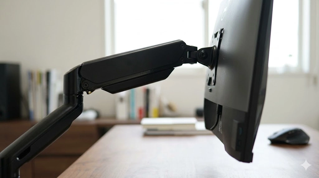 ガス抜けによりモニターアームが重さに耐えきれず、ゆっくりと自然に下がってくる様子。