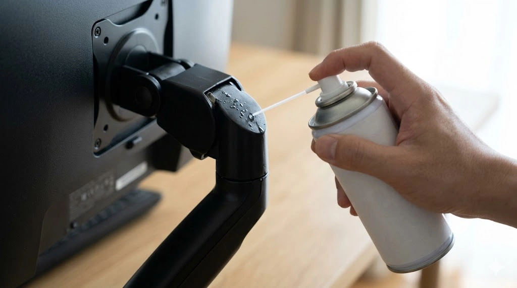 モニターアームの関節部分にシリコン潤滑スプレーを注意深く吹き付けている様子。
