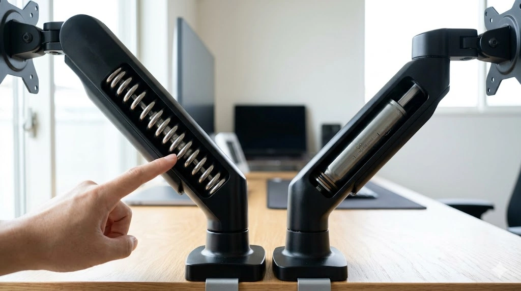 メカニカルスプリング式とガススプリング式のモニターアームの内部構造の比較。コイルスプリングとガスシリンダーの違いがわかる。