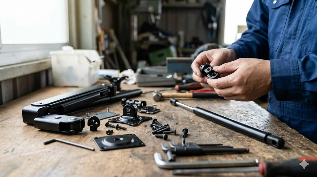 バラバラに分解されたモニターアームの部品と工具が置かれた、複雑で危険を伴うDIY修理の現場。