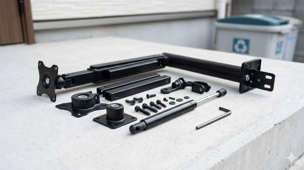 自治体のルールに従い、粗大ごみとして出すために完全に分解されたモニターアームの金属パーツのイメージ画像。